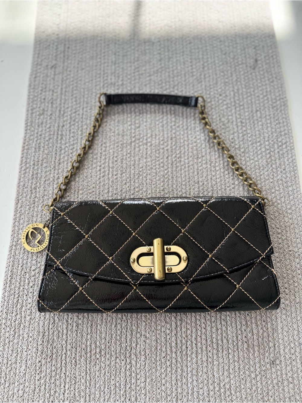 Vintage Y2K Chinese Laundry Black Patent Quilted Baguette Mini Bag Purse
